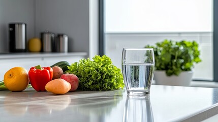 A fresh arrangement of vegetables and a glass of water on a kitchen countertop, promoting healthy eating.