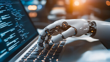 Robotic hand typing on a laptop keyboard with code displayed on the screen.