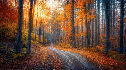 A tranquil autumn forest with a winding path covered in golden and orange leaves, bathed in warm sunlight.