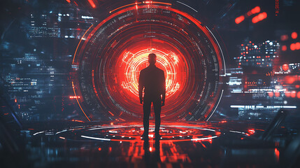 A silhouette of a man standing in front of a glowing red portal in a futuristic digital space.