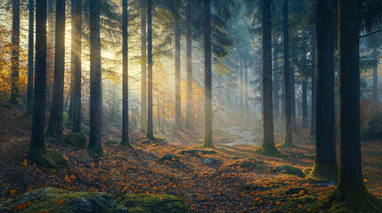 A forest bathed in mystical light as sunbeams break through the trees and illuminate the forest floor.