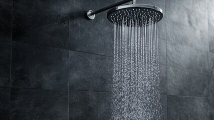 Water flowing from a round shower head, creating a steady, relaxing stream, with dark gray tiled walls as the backdrop.