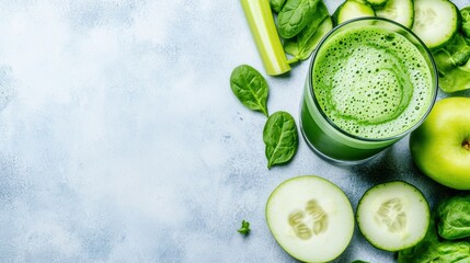 Wall Mural - A green smoothie with cucumber, apples and spinach on a white background, AI