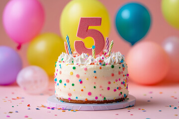 birthday cake with number five 5, on it with celebration elements around like balloons and confetti