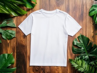 Plain white t-shirt surrounded by tropical leaves on a wooden surface.