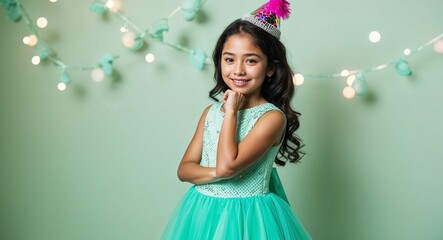 Young Hispanic girl in a stylish party dress posing sweetly against a soft mint background