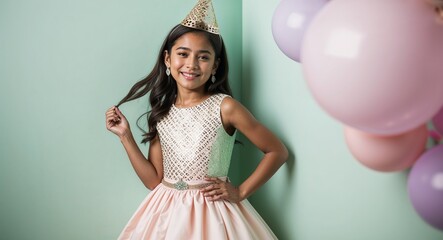 Wall Mural - Young Hispanic girl in a stylish party dress posing sweetly against a soft mint background