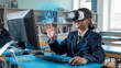 © Caspernik - School student with VR headset using AI artificial intelligence technology & machine learning.Interactive technology in classroom. Innovation & smart tech. AI blue hologram in education generative ai
