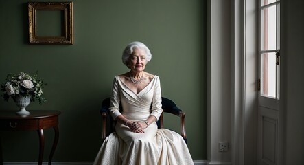 Wall Mural - Elderly Caucasian woman in a sophisticated gown sitting gracefully against a cream background