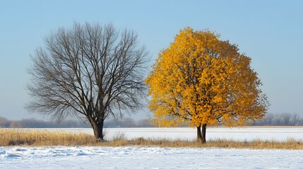 two trees in winter, one is covered with yellow leaves, another one without leaves