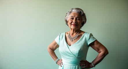 Elderly Hispanic woman in an elegant dress posing beautifully against a light mint background