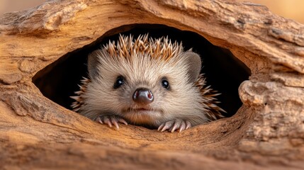 Canvas Print - A hedgehog peeking out of a hole in the side of a tree, AI