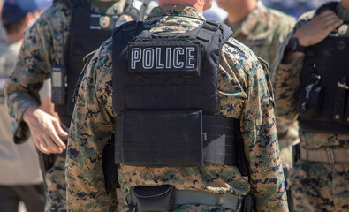 Close up of the back of a military police officer's bullet proof vest with other officers diffused in the background