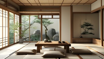 Wall Mural - Serene Japanese Interior Emphasizing Natural Light and Traditional Aesthetics