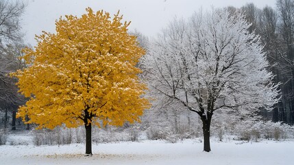 two trees in winter, one is covered with yellow leaves, another one without leaves