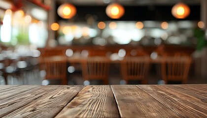 Wall Mural - Rustic wooden table and chairs in a restaurant with a softly blurred background ambiance