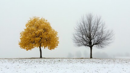 Two trees in winter, one is covered with yellow leaves, another one without leaves