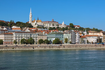 Budapest, Hungary. Matthias Church and Fisherman's Bastion. View from the Danube. The church was built in the second half of the 14th century and restored in the late 19th century.