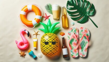  Flat lay of summer-themed items like inflatable toys, sunscreen, beer, flip-flops, and a monstera leaf arranged on sand...Concept: Summer vacation essentials, beach party, fun in the sun.