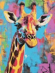 Wall Mural - Colorful Artistic Representation of a Giraffe With Vibrant Graffiti Background