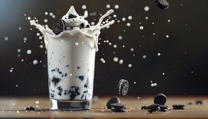 Wall Mural - Creative food template. Close up Topping Chocolate cookies with cream filling glass of milk milkshake yoghurt smoothie with liquid droplet splash splashing swirl on dark background. copy text space