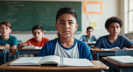 Serious young Hispanic boy wearing a tshirt in a classroom during a test