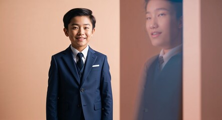 Wall Mural - Young Asian boy in a tailored suit posing charmingly against a light peach background