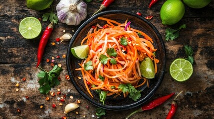 An overhead view of a spicy Thai papaya salad on a rustic wooden table, with fresh lime, garlic, and chili peppers scattered around for a vibrant touch.