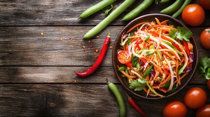 An overhead view of a traditional Thai papaya salad with bright colors of chili, tomatoes, and long beans, set on a rustic wooden surface, providing room for copy.