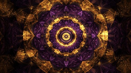 Abstract circular pattern with gold and purple hues.