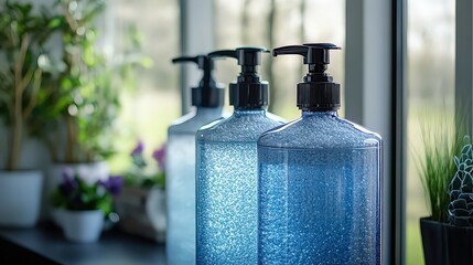  Blue soap dispensers lined up on a windowsill in a bright room, blending modern design with natural indoor greenery for a clean and fresh environment.