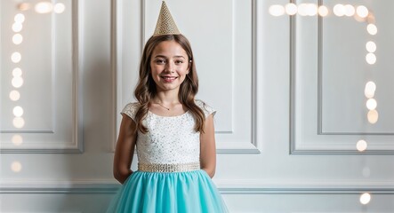 Wall Mural - Young Caucasian girl in a lovely party dress posing charmingly against a bright white background