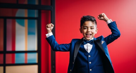 Young Hispanic boy in a formal outfit posing energetically against a vibrant red background