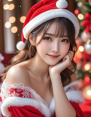 Portrait of a beautiful young woman in Santa Claus clothes. Christmas decoration background. Christmas image. Card design. サンタクロースの服を着た美しい若い女性のポートレート。クリスマスの装飾の背景。クリスマスのイメージ。カードデザイン。