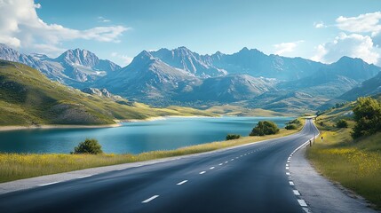 Wall Mural - Asphalt road and lake with mountains nature landscape on a sunny day Beautiful coastline in summer season : Generative AI