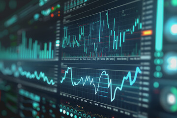 Wall Mural - Blue financial graphs and charts with coins show business growth and investment market profits.