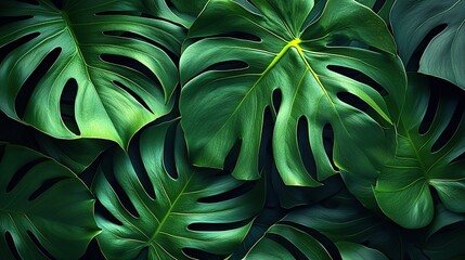 Wall Mural - Lush green monstera leaves, tropical foliage, botanical background,  natural pattern.