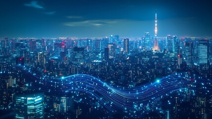 Fototapete - Smart city and big data connection technology concept with digital blue wavy wires with antennas on night megapolis city skyline background double exposure : Generative AI