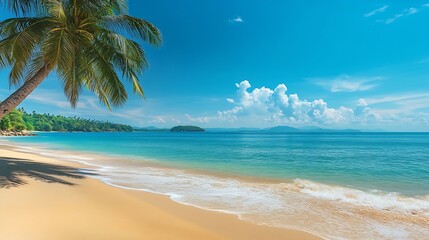 Wall Mural - Panorama banner photo of idyllic tropical beach with palm tree : Generative AI