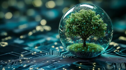 Leinwandbilder - Tree growing on Circuit digital ball Digital and Technology Convergence Blue light and Wireframe network background Green Computing Green Technology Green IT csr and IT ethics Concept : Generative AI