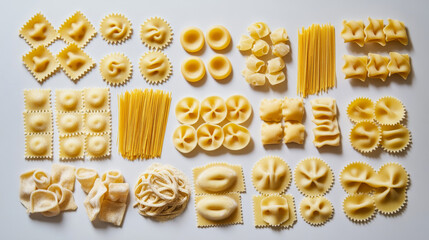 A variety of uncooked Italian pasta, including Cavatelli, Pappardelle, Spaghetti, Ditalini, Ravioli, and Orecchiette, arranged on a surface. This image is perfect for food-related design projects.