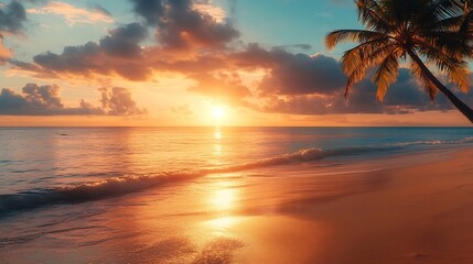 Poster - Island palm tree sea sand beach Panoramic beach landscape Inspire tropical beach seascape horizon Orange and golden sunset sky calmness tranquil relaxing summer mood Vacation travel ho : Generative AI
