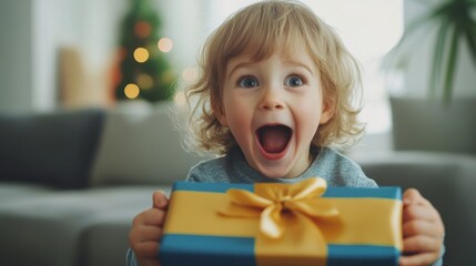 Canvas Print - A child opening a big birthday gift with excitement in their eyes