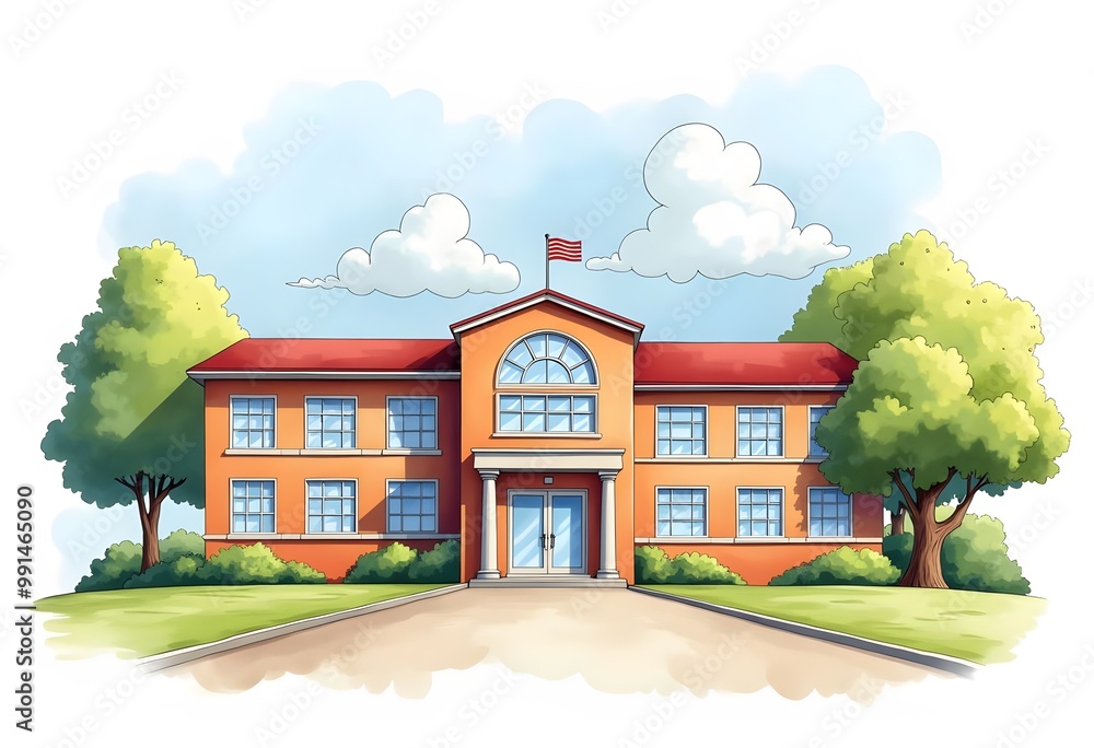 School Building Vector Illustration Isolated On White Background 
