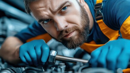 Canvas Print - A man in blue gloves and yellow shirt working on a car, AI