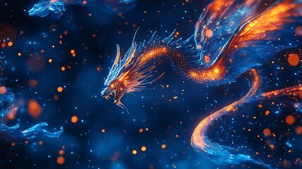 Aufkleber - Abstract flying dragons on a dark blue background Technological background for design on the topic of artificial intelligence neural networks big data Copy space : Generative AI