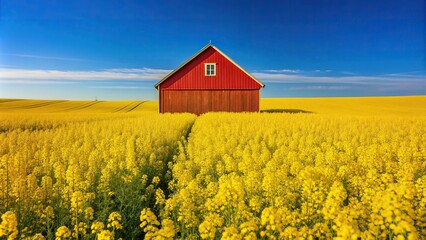 Red barn in a vast field of blooming yellow Canola Rapeseed captured from a unique worm s eye view perspective, yellow flowers, farming, idyllic, scenic, rural, farmland, rural landscape