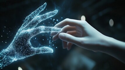 Aufkleber - AI Machine learning Hands of robot and human touching big data of Global network connection Internet and digital technology Science and artificial intelligence digital technologies of  : Generative AI