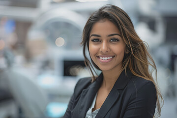 Close-up a young South Asian woman in black suit smiles warmly, happy at work.