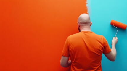 Sticker - A man painting a wall with orange and blue paint, AI